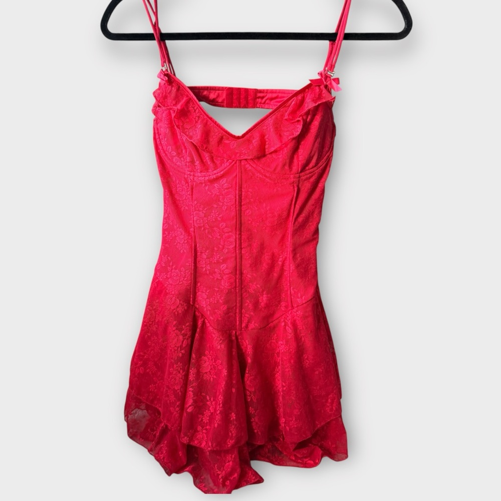 Red Lace Ruffle Mini Dress – Corset Backless Cami Dress (NWT, Size M) - Picture 10 of 12